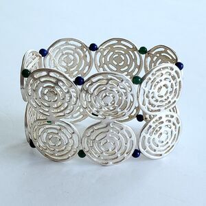 Chunky Bracelet Silvertone Medallion Beaded Stretch Geometric Aztec Boho Hippie